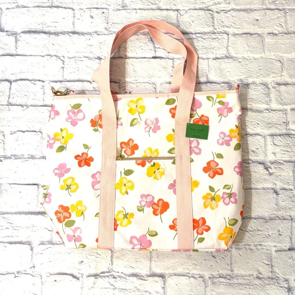 Kate Spade Cooler Tote Bag Spring Pansies Pink Pattern Zip Top 15.5 X 19.5 NWT